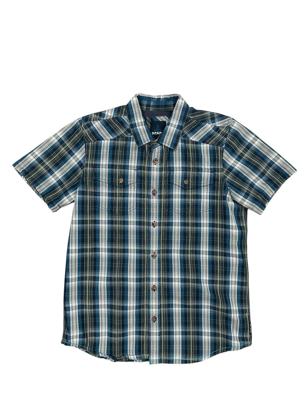 Prana Murdock Slim Fit Plaid Short Sleeve Shirt Blue Ash — Size Medium